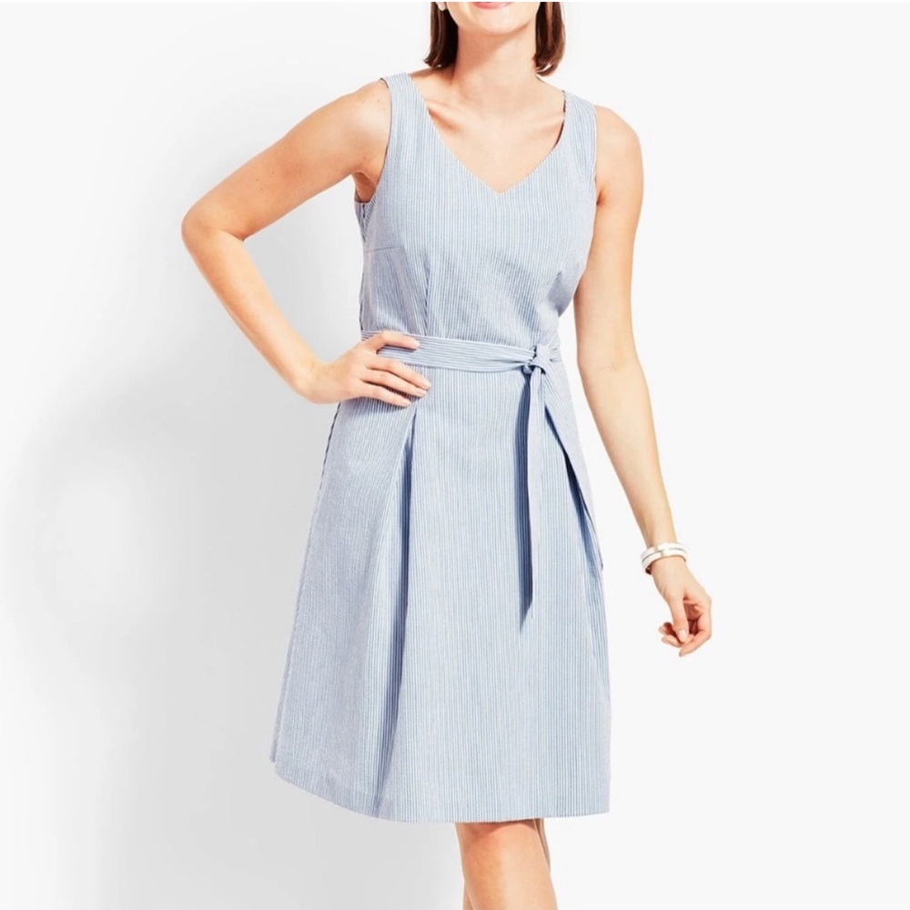 Talbots Blue White Seersucker Fit & Flare Belted Dress Size 10